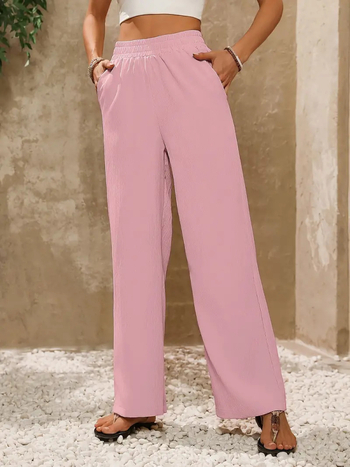 Ženske široke hlače s elastičnim pojasom (Poliester vlakno, široki kroj, dužina hlača, Ljeto 2024, Materijal 95%+)