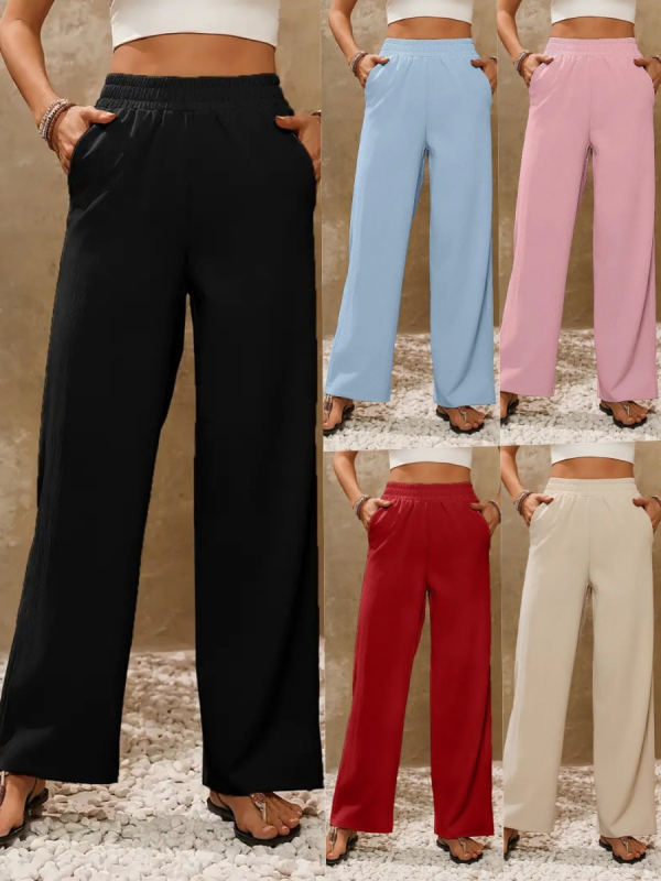 Ženske široke hlače s elastičnim pojasom (Poliester vlakno, široki kroj, dužina hlača, Ljeto 2024, Materijal 95%+)