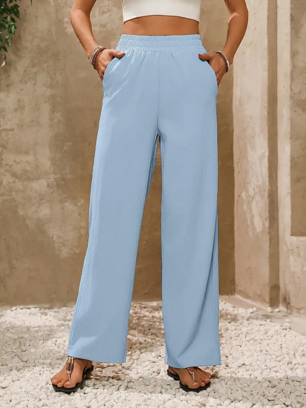 Ženske široke hlače s elastičnim pojasom (Poliester vlakno, široki kroj, dužina hlača, Ljeto 2024, Materijal 95%+)