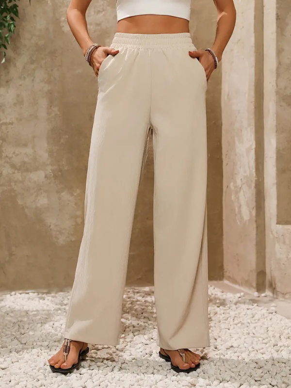 Ženske široke hlače s elastičnim pojasom (Poliester vlakno, široki kroj, dužina hlača, Ljeto 2024, Materijal 95%+)