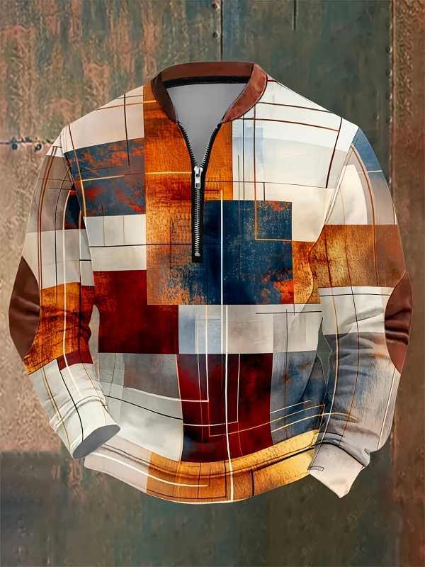 Pánske tričko s dlhým rukávom, priliehavý strih, bavlnená zmes, kockovaný vzor a výšivka, priedušné