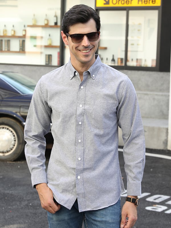 Muška košulja, slim fit, dugi rukavi, kardigan stil, jednobojna mješavina pamuka i poliestera, oštar ovratnik