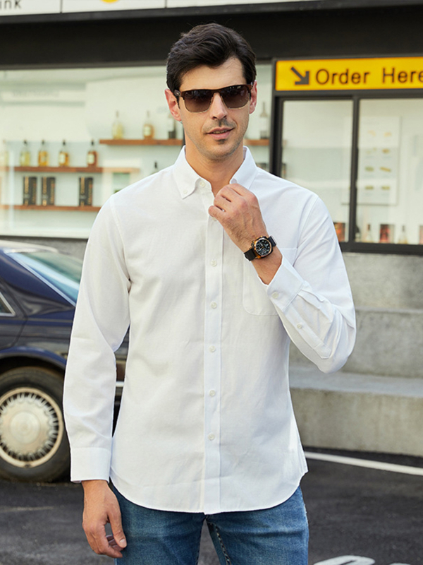 Muška košulja, slim fit, dugi rukavi, kardigan stil, jednobojna mješavina pamuka i poliestera, oštar ovratnik