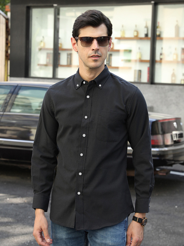 Muška košulja, slim fit, dugi rukavi, kardigan stil, jednobojna mješavina pamuka i poliestera, oštar ovratnik