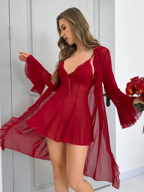 Sieťový set spodnej bielizne na domáce nosenie, polyesterová tkanina, V-krk, bez rukávov, stredná hmotnosť 141–160 g/m²