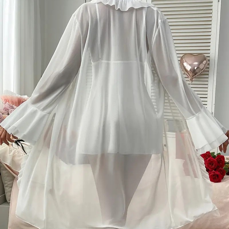 Sieťový set spodnej bielizne na domáce nosenie, polyesterová tkanina, V-krk, bez rukávov, stredná hmotnosť 141–160 g/m²