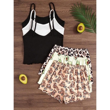 Nočná pyžama súprava: ramienkový bodij bez chrbta a šortky s karikatúrnym potlačou — voľný strih, ultra tenká látka (≤40 g/m²), jar 2025 uvedenie