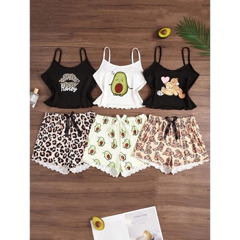 Nočná pyžama súprava: ramienkový bodij bez chrbta a šortky s karikatúrnym potlačou — voľný strih, ultra tenká látka (≤40 g/m²), jar 2025 uvedenie