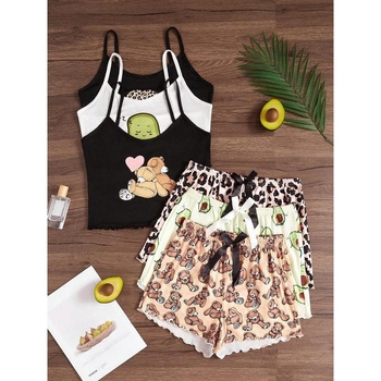 Nočná pyžama súprava: ramienkový bodij bez chrbta a šortky s karikatúrnym potlačou — voľný strih, ultra tenká látka (≤40 g/m²), jar 2025 uvedenie