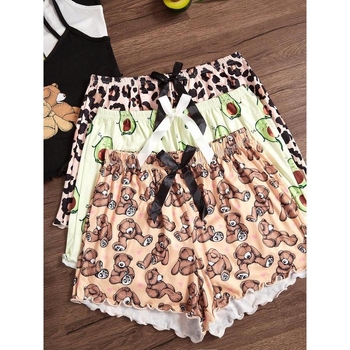 Nočná pyžama súprava: ramienkový bodij bez chrbta a šortky s karikatúrnym potlačou — voľný strih, ultra tenká látka (≤40 g/m²), jar 2025 uvedenie