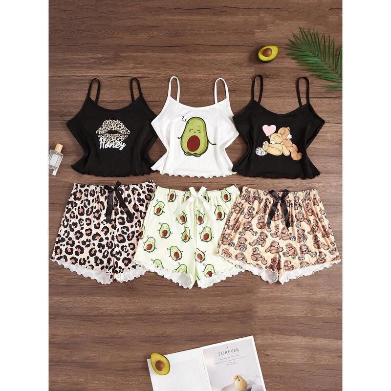 Nočná pyžama súprava: ramienkový bodij bez chrbta a šortky s karikatúrnym potlačou — voľný strih, ultra tenká látka (≤40 g/m²), jar 2025 uvedenie