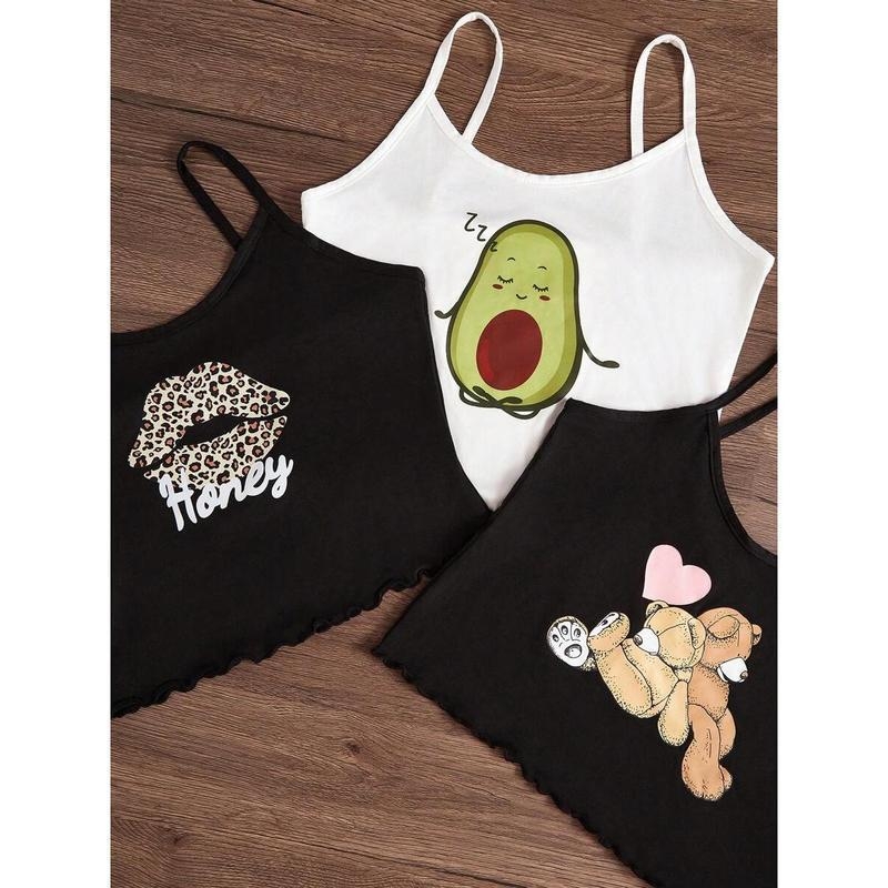 Nočná pyžama súprava: ramienkový bodij bez chrbta a šortky s karikatúrnym potlačou — voľný strih, ultra tenká látka (≤40 g/m²), jar 2025 uvedenie