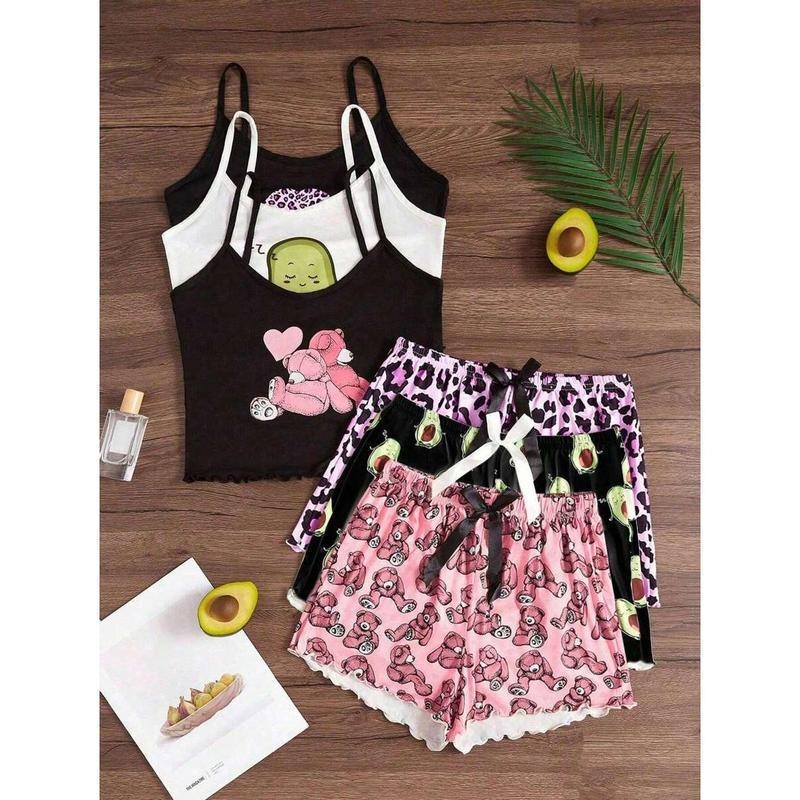 Nočná pyžama súprava: ramienkový bodij bez chrbta a šortky s karikatúrnym potlačou — voľný strih, ultra tenká látka (≤40 g/m²), jar 2025 uvedenie