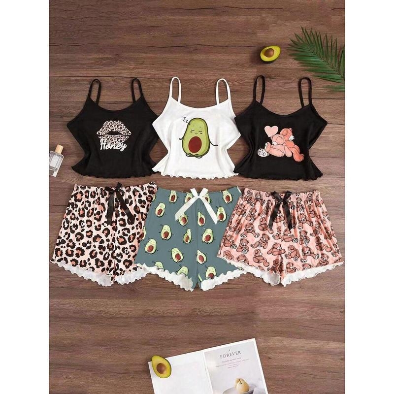 Nočná pyžama súprava: ramienkový bodij bez chrbta a šortky s karikatúrnym potlačou — voľný strih, ultra tenká látka (≤40 g/m²), jar 2025 uvedenie