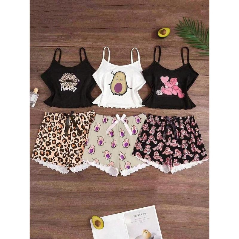 Nočná pyžama súprava: ramienkový bodij bez chrbta a šortky s karikatúrnym potlačou — voľný strih, ultra tenká látka (≤40 g/m²), jar 2025 uvedenie