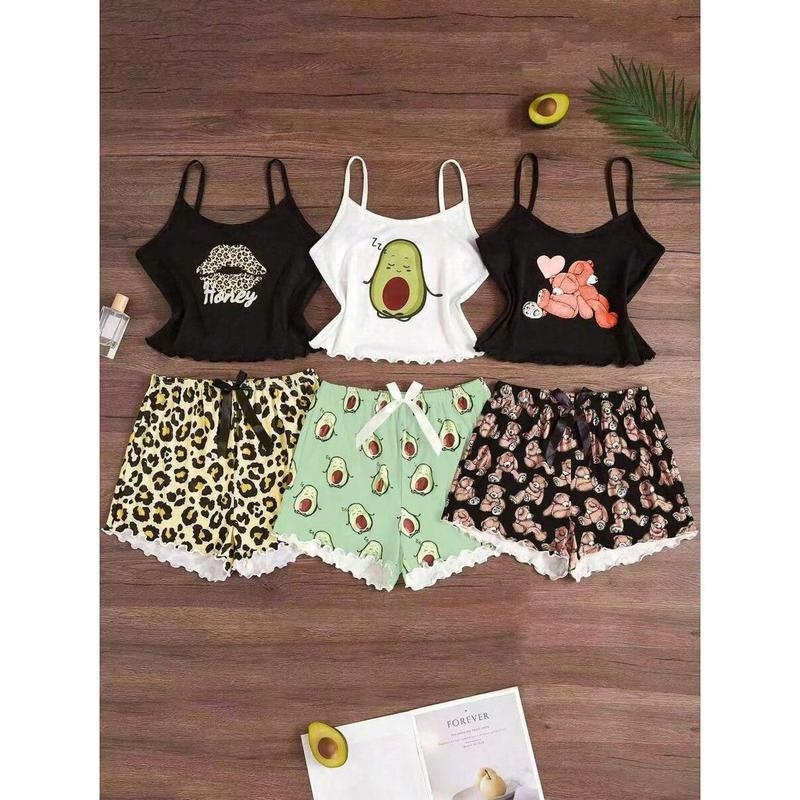 Nočná pyžama súprava: ramienkový bodij bez chrbta a šortky s karikatúrnym potlačou — voľný strih, ultra tenká látka (≤40 g/m²), jar 2025 uvedenie