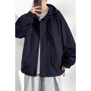 Jachetă pentru bărbați din poliester cu glugă și fermoar, fără guler, potrivită pentru primăvară și toamnă