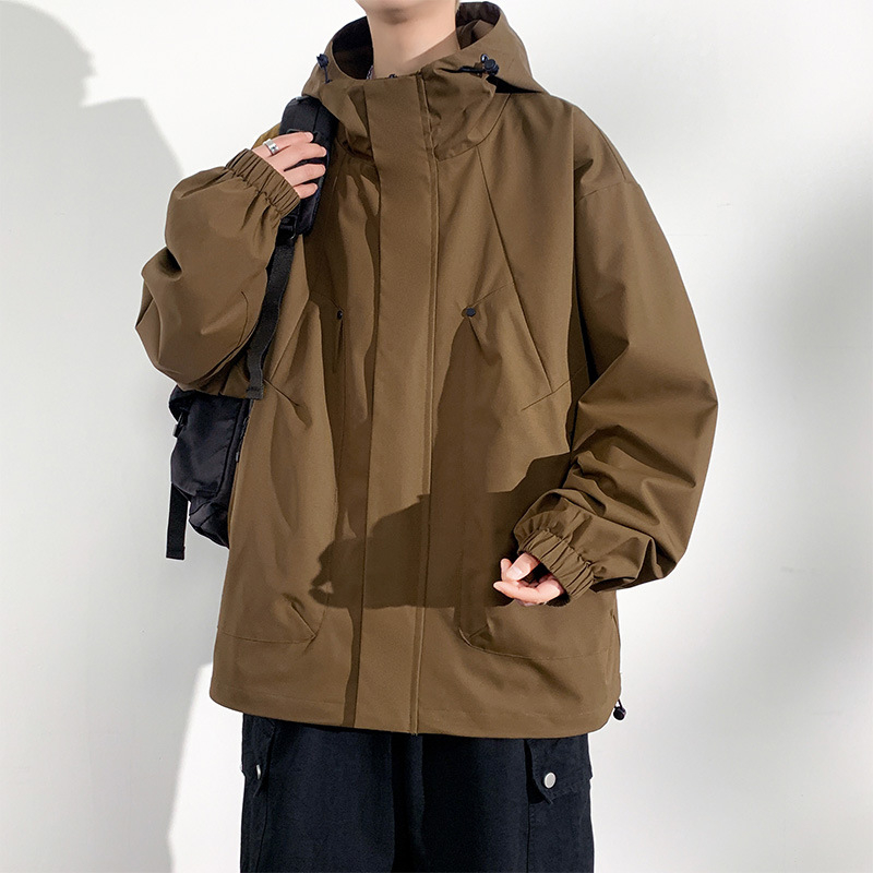 Jachetă pentru bărbați din poliester cu glugă și fermoar, fără guler, potrivită pentru primăvară și toamnă