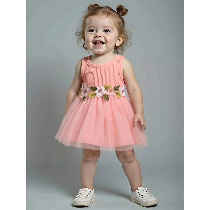 Dievčenská bezrukávová vesta s guľatým výstrihom, kvetinovým ozdobením v páse, jemne elastická látka (95% polyester, 5% spandex)