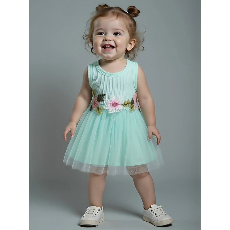 Dievčenská bezrukávová vesta s guľatým výstrihom, kvetinovým ozdobením v páse, jemne elastická látka (95% polyester, 5% spandex)