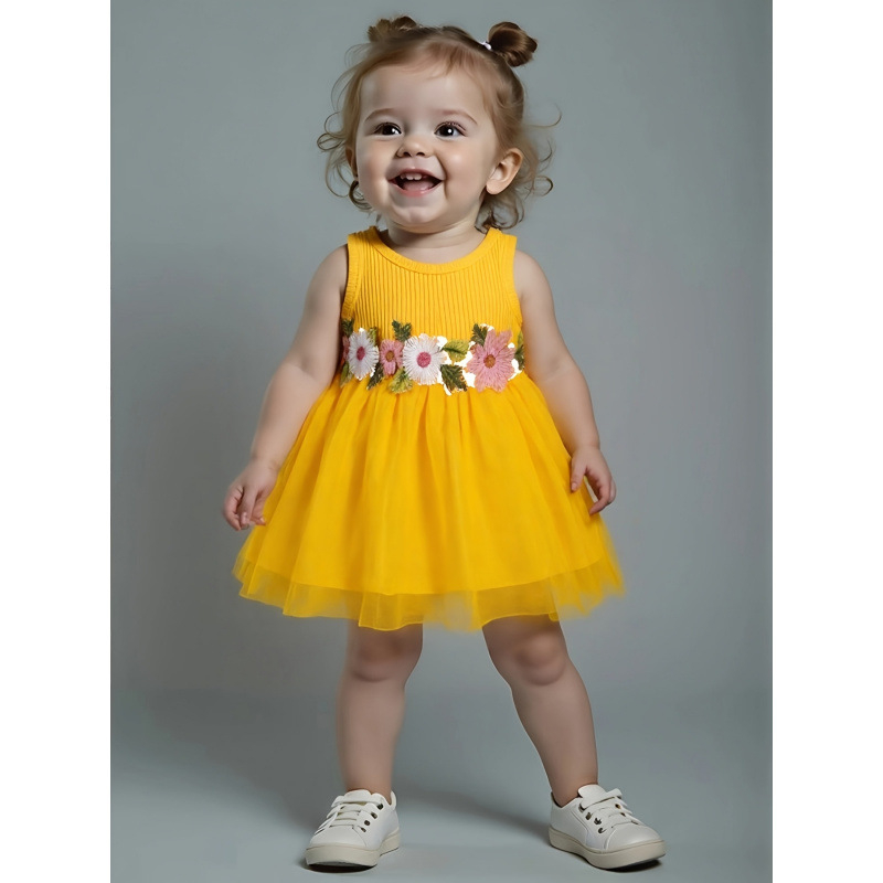 Dievčenská bezrukávová vesta s guľatým výstrihom, kvetinovým ozdobením v páse, jemne elastická látka (95% polyester, 5% spandex)