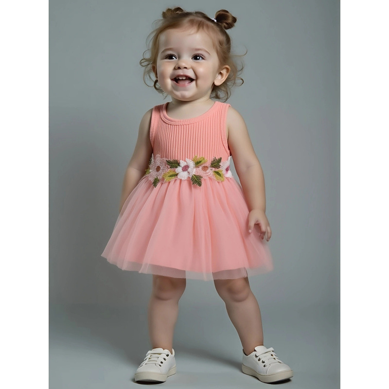 Dievčenská bezrukávová vesta s guľatým výstrihom, kvetinovým ozdobením v páse, jemne elastická látka (95% polyester, 5% spandex)