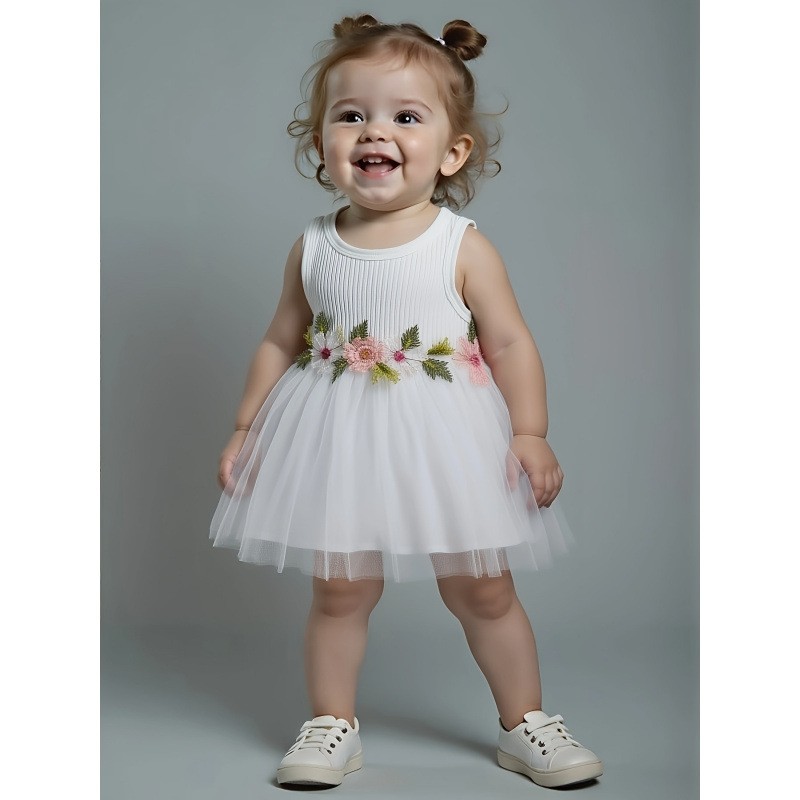 Dievčenská bezrukávová vesta s guľatým výstrihom, kvetinovým ozdobením v páse, jemne elastická látka (95% polyester, 5% spandex)