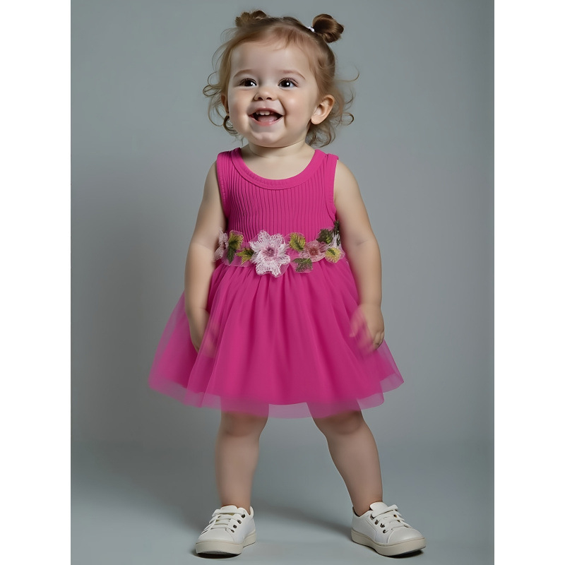 Dievčenská bezrukávová vesta s guľatým výstrihom, kvetinovým ozdobením v páse, jemne elastická látka (95% polyester, 5% spandex)