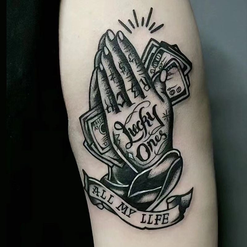 Nálepka na tetovanie na ruku s motívom modlitby – vodotesná, dlhodobá, polopermanentná, realistický dizajn