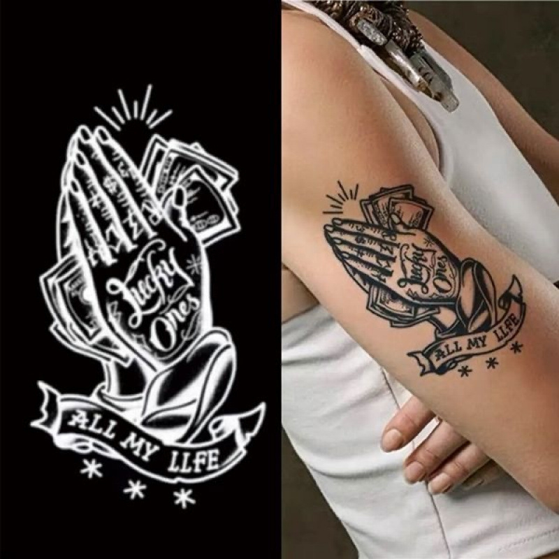 Nálepka na tetovanie na ruku s motívom modlitby – vodotesná, dlhodobá, polopermanentná, realistický dizajn