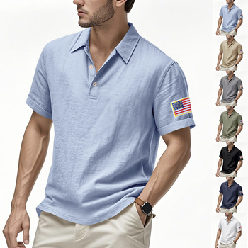 Polo tričko z ľanovej zmesi, krátke rukávy, úzky strih, s vyšívaným motívom vlajky