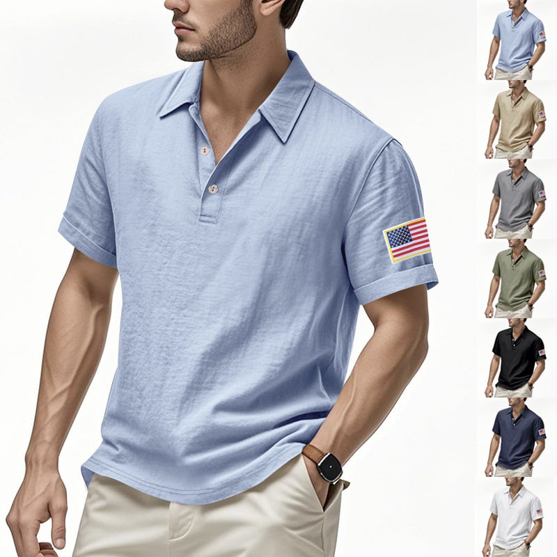 Polo tričko z ľanovej zmesi, krátke rukávy, úzky strih, s vyšívaným motívom vlajky