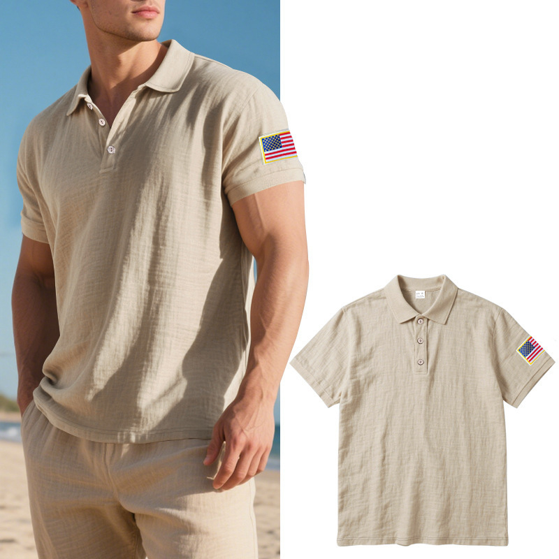 Polo tričko z ľanovej zmesi, krátke rukávy, úzky strih, s vyšívaným motívom vlajky