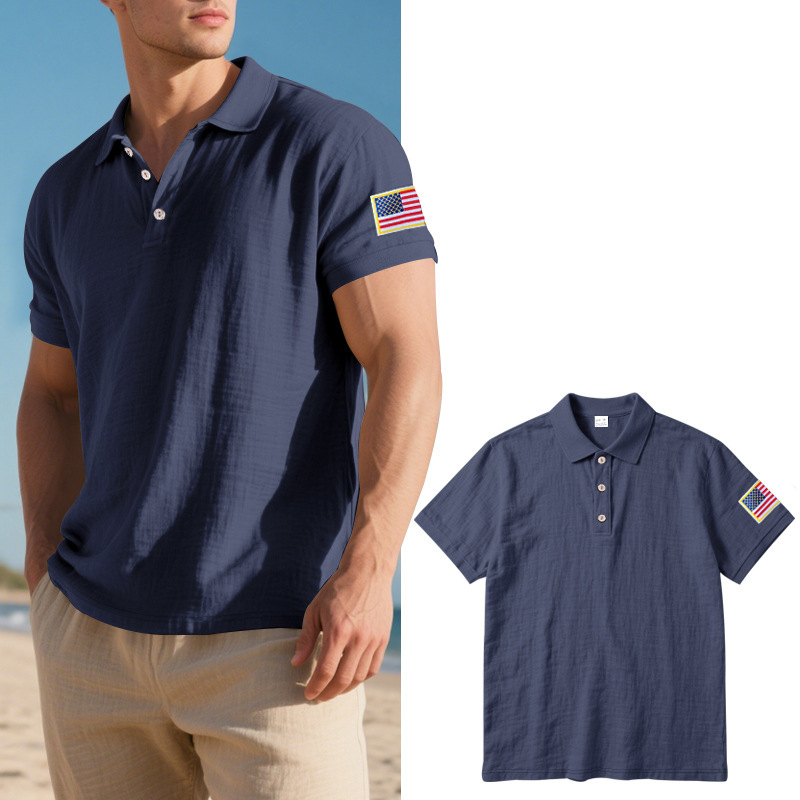 Polo tričko z ľanovej zmesi, krátke rukávy, úzky strih, s vyšívaným motívom vlajky