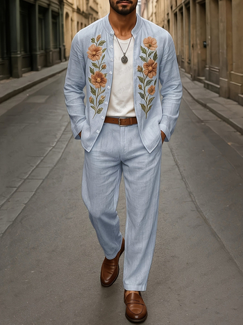 Vyrų kasdienis komplektas su ilgu rankovėmis švarku ir kelnėmis su siuvinėjimu, siauras kirpimas, 95% poliesteris (medvilnės mišinys), ruduo, lengvas verslo stilius