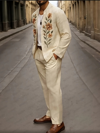 Vyrų kasdienis komplektas su ilgu rankovėmis švarku ir kelnėmis su siuvinėjimu, siauras kirpimas, 95% poliesteris (medvilnės mišinys), ruduo, lengvas verslo stilius