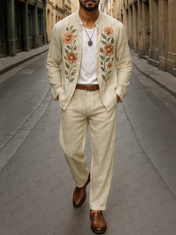 Vyrų kasdienis komplektas su ilgu rankovėmis švarku ir kelnėmis su siuvinėjimu, siauras kirpimas, 95% poliesteris (medvilnės mišinys), ruduo, lengvas verslo stilius