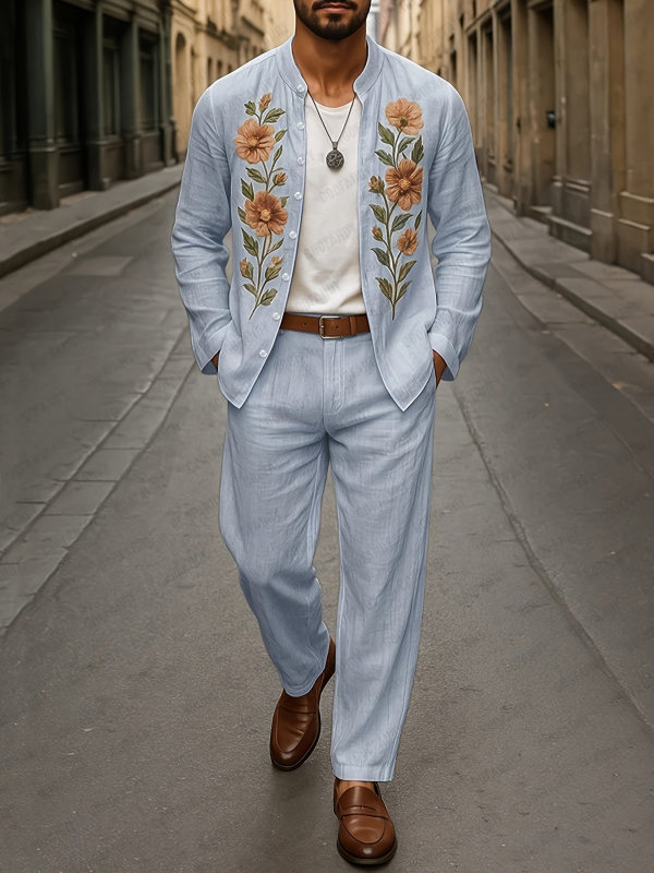 Vyrų kasdienis komplektas su ilgu rankovėmis švarku ir kelnėmis su siuvinėjimu, siauras kirpimas, 95% poliesteris (medvilnės mišinys), ruduo, lengvas verslo stilius