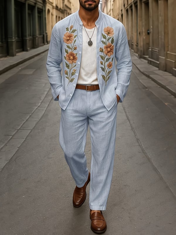 Vyrų kasdienis komplektas su ilgu rankovėmis švarku ir kelnėmis su siuvinėjimu, siauras kirpimas, 95% poliesteris (medvilnės mišinys), ruduo, lengvas verslo stilius