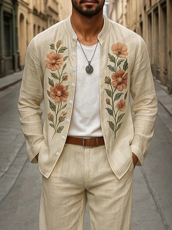 Vyrų kasdienis komplektas su ilgu rankovėmis švarku ir kelnėmis su siuvinėjimu, siauras kirpimas, 95% poliesteris (medvilnės mišinys), ruduo, lengvas verslo stilius