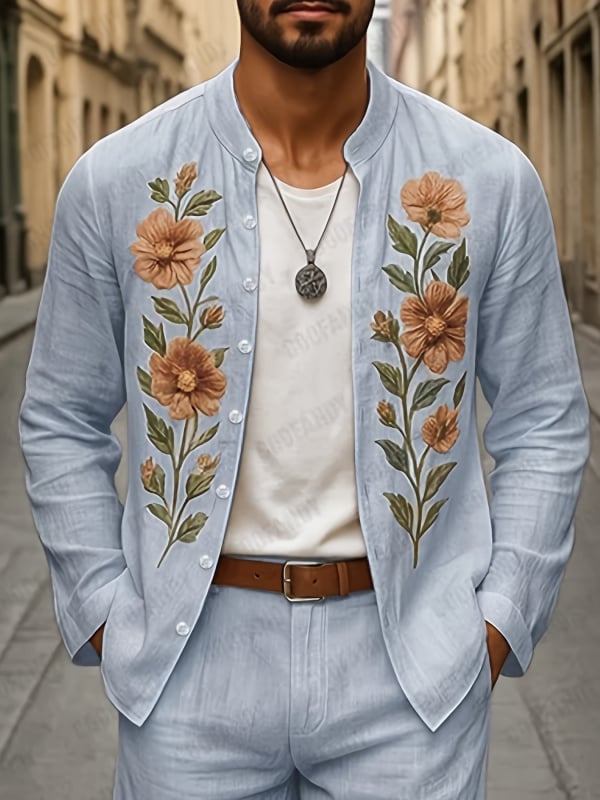 Vyrų kasdienis komplektas su ilgu rankovėmis švarku ir kelnėmis su siuvinėjimu, siauras kirpimas, 95% poliesteris (medvilnės mišinys), ruduo, lengvas verslo stilius