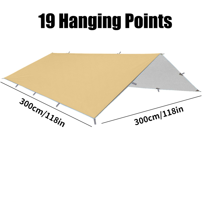 Kempingo skydas su daugybe kabliukų, 210D Oxford audinys, vandeniui atsparus 3000–8000 mm, kvadratinė forma