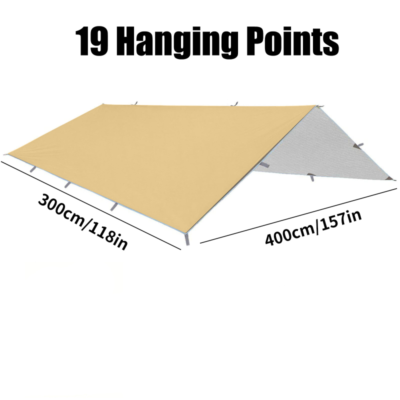 Kempingo skydas su daugybe kabliukų, 210D Oxford audinys, vandeniui atsparus 3000–8000 mm, kvadratinė forma