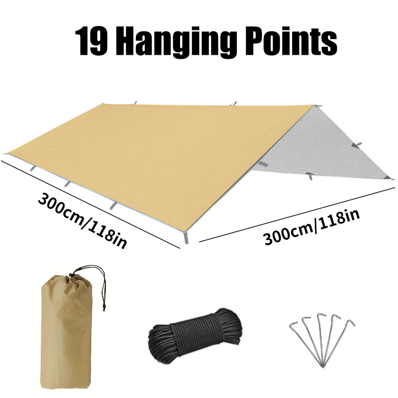 Kempingo skydas su daugybe kabliukų, 210D Oxford audinys, vandeniui atsparus 3000–8000 mm, kvadratinė forma