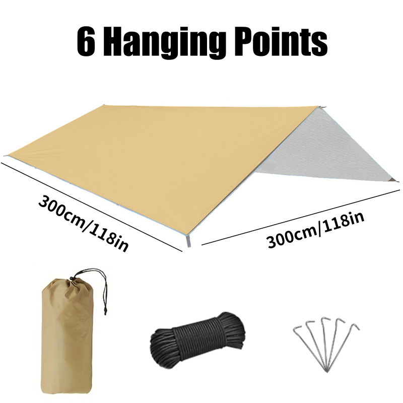 Kempingo skydas su daugybe kabliukų, 210D Oxford audinys, vandeniui atsparus 3000–8000 mm, kvadratinė forma