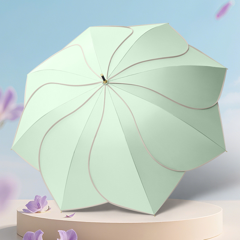 Чадър с форма на листенце, UPF 50+ UV защита, 8 ребра, Vinyl 210T плат, дълга дръжка, прът от сплав, ръкохватка от твърдо дърво, възможност за печат на лого