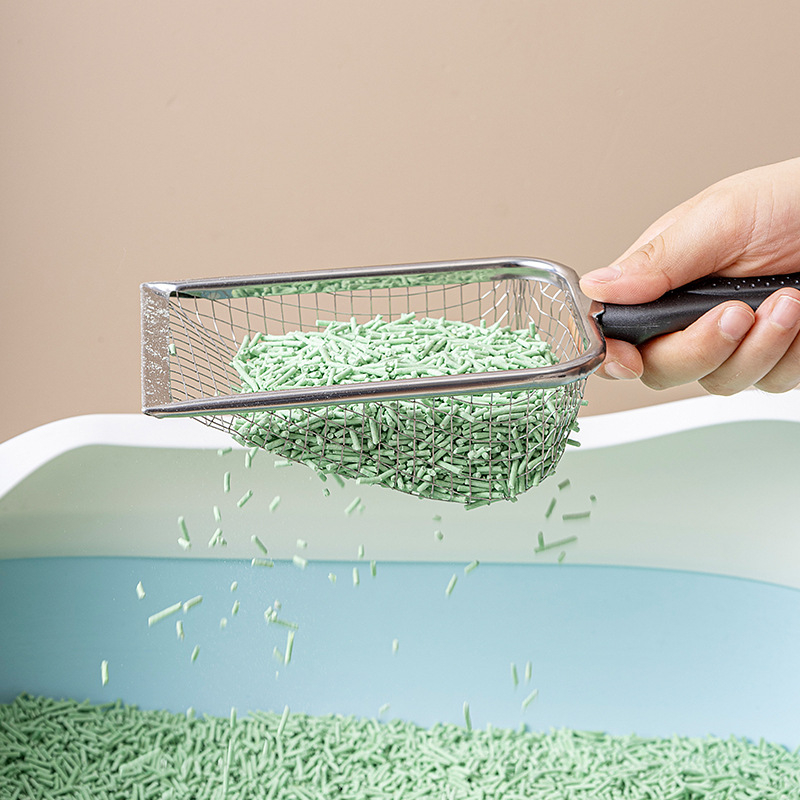 Lingură pentru nisip de pisică cu găuri fine, din oțel inoxidabil și PP