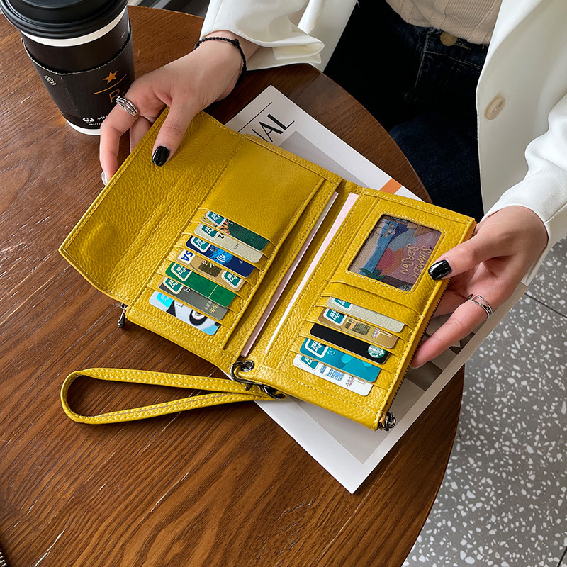 Dámska peňaženka z pravej kože s veľkou kapacitou, viacerými priečinkami na karty a vreckom na telefón (Materiál: Prírodná koža; Typ kože: prvá vrstva hovädzej kože; Vzor: jednofarebný; Sezóna: jar 2023; Funkcia: Ukladanie kariet a peňazí)