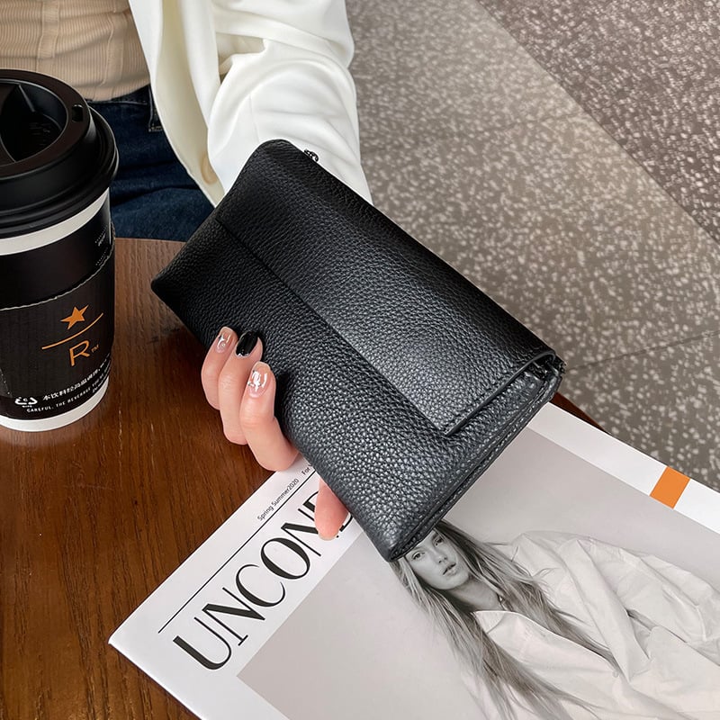 Dámska peňaženka z pravej kože s veľkou kapacitou, viacerými priečinkami na karty a vreckom na telefón (Materiál: Prírodná koža; Typ kože: prvá vrstva hovädzej kože; Vzor: jednofarebný; Sezóna: jar 2023; Funkcia: Ukladanie kariet a peňazí)