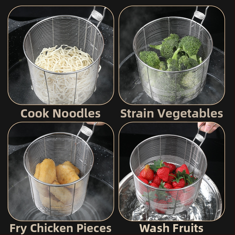 304 nerūsējošā tērauda fritēšanas grozs ar filtru nūdelēm, uzkodām un frī kartupeļiem – rokturis pret apdegumiem, vienkāršs āķis, pielāgojama Zhenggang Hardware